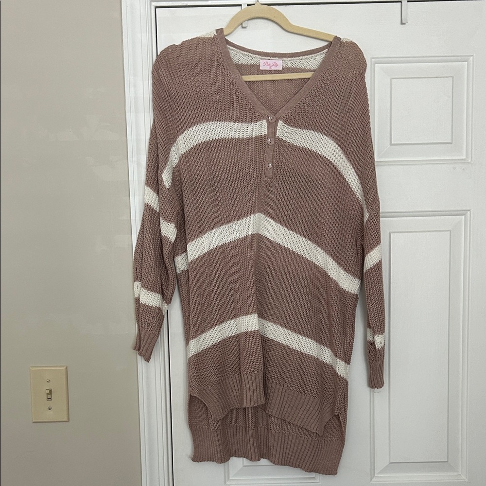 Long Striped V-Neck Sweater in Brown and White